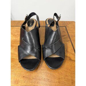 Clarks Women's 9 Deva Janie Slingback Black Leather Peep Toe Heels Sandals